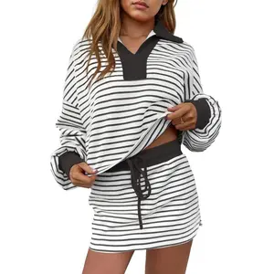 Women’s striped two-piece casual sports shirt and skirt set, long-sleeve sports top and pants set, matching casual set, machine washable GARMENTARY