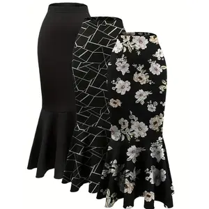 PlusSizeElegantPolkaDotHoundstoothPrintFishTailSkirtSetofThree