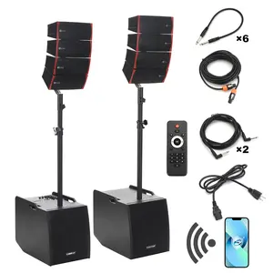 EXOTON LVP-212 12-inch Active Line Array System,3000w Professional Bluetooth PA Speaker，2 Subwoofer and 8 line Array Speakers,USB/SD Card,Remote Control,5-Band EQ(Wood Subwoofer)