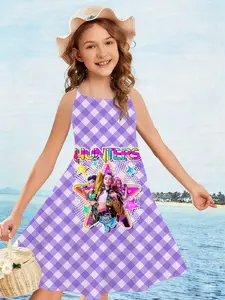 Idol Girl Group K-Pop Backless Dress, Plaid Colorful Cat 3D Printed Dress, Summer Fashion Versatile Comfortable Soft