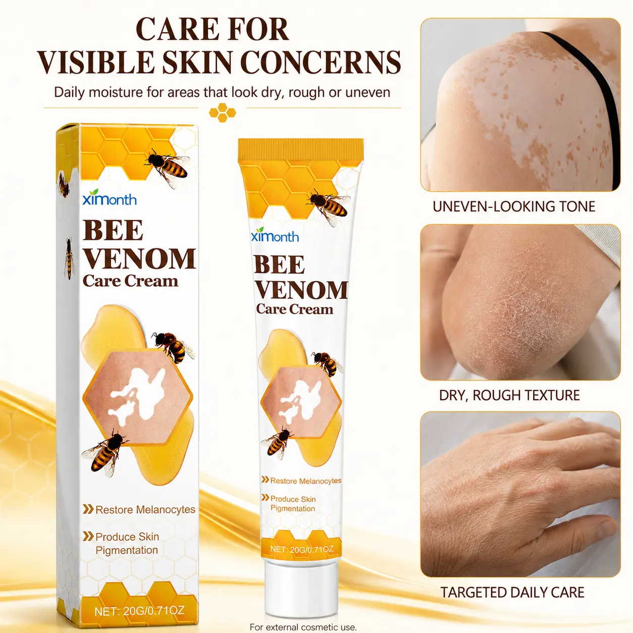 Bee Venom Care Cream, Daily Moisturizing Body Cream for Dry, Rough & Uneven-Looking Skin, Lightweight Targeted Care for Hands, Elbows and Knees, 20g