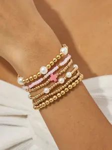 6 - Piece Gold Bracelets Set, Dainty & Chic Jewelry with Pearl, Cross & Colorful Bead Charms, Layered Design for Women's Daily & Party Wear, Stackable Bracelet