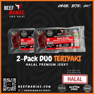 Halal Beef Jerky 2-Pack Duo Teriyaki Fusion by Beef Maniac | Natural Hardwood Smoked Premium Jerky Made in Michigan