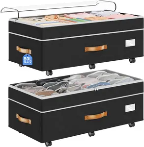 80L Under Bed Storage with Wheels – 2 Pack Adjustable Underbed Organizer Containers with Clear Lids for Clothes & Shoes
