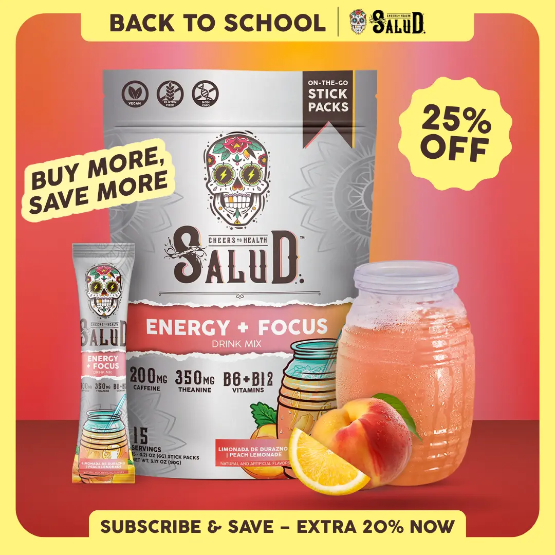 Salud 2-in-1 [Energy + Focus - Peach Lemonade] Clean Energy Drink Mix, Agua Fresca, Organic Caffeine, B6 & B12, L-Theanine, Drink Packets, Non-GMO, Gluten Free, Vegan, Low Calorie, 1g Sugar (15 Servings)
