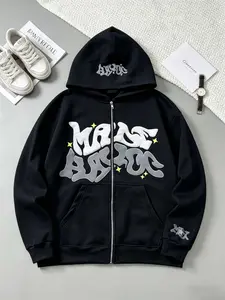 Y2K Retro Star And Letter Printed Full zipper Hoodies，Spring Autumn Harajuku Women And Men Fashion Hip Hop Long Sleeve Hooded ，Avant-Garde - Street Casual Spring/Fall Loose Zipper Pocket Patched，Autumn and Winter Gothic Coat preppy style