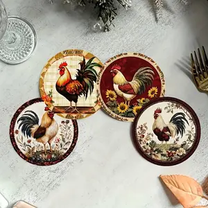 6 pieces of vintage rooster patterned wooden insulated coasters, heat-resistant, heat-resistant, and anti slip decorative coasters, suitable for home, coffee shop, and party decoration as artistic desktop protection pads, without gift box.