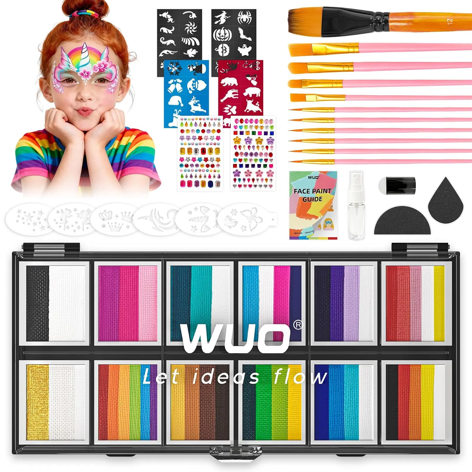 Professional Face Painting Kit for Kids Adults, 12x10g Split Cake Palette with Stencils Sponge, Non-Toxic Water-Activated Rainbow Body Face Paint Makeup for Halloween Christmas & Costume Partie