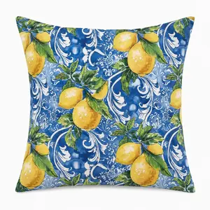 Huglina Lemon Throw Pillow, 18x18 Inch Decorative Pillow with Insert Included, Blue Mediterranean Citrus Accent Pillow, Coastal Farmhouse Italian Tile Home Decor Cushion for Sofa Couch Bed