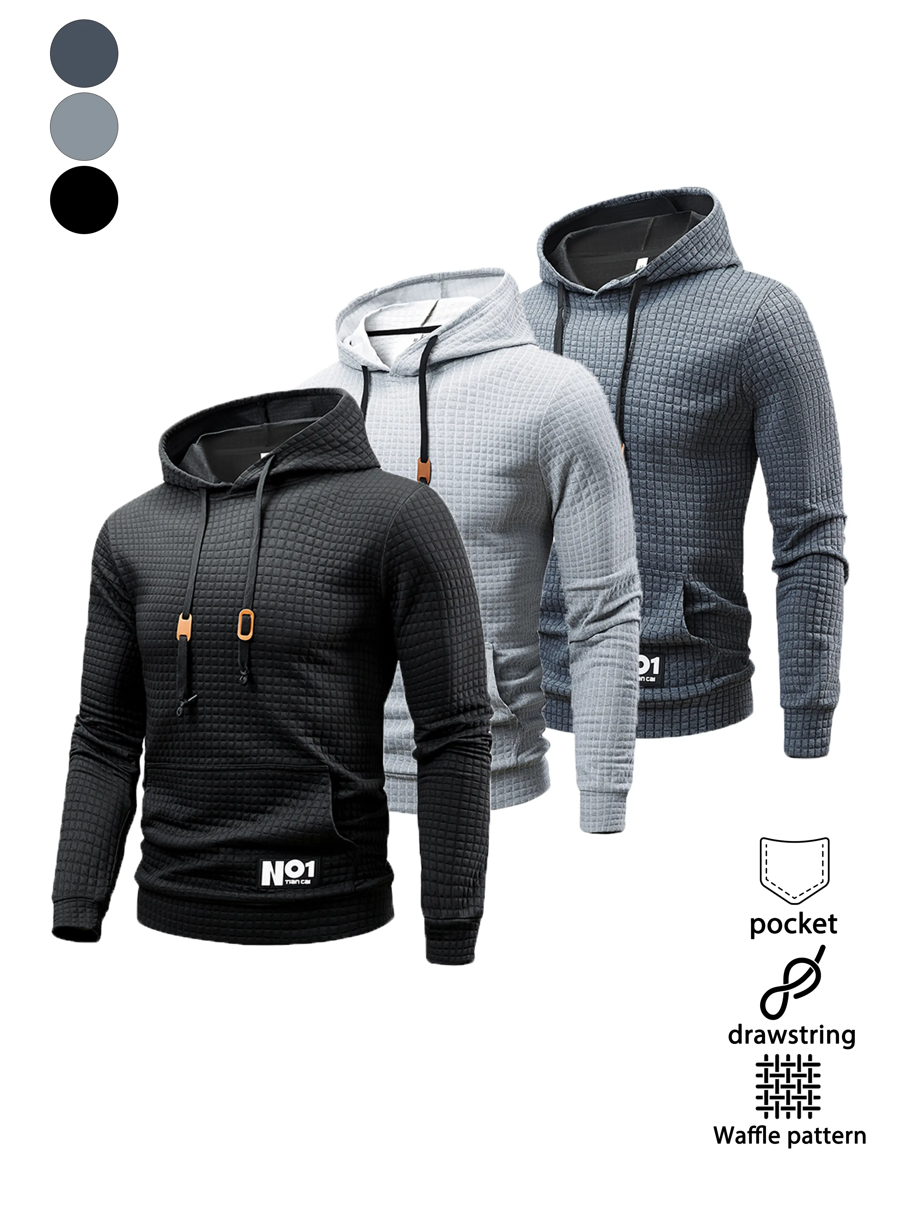 Men’s waffle-knit hooded sweatshirt with retro leather tag details, featuring pockets and a drawstring hood; textured casual long-sleeve pullover with a soft, breathable regular fit—ideal for everyday wear, street style, casual outings, and layering; avai