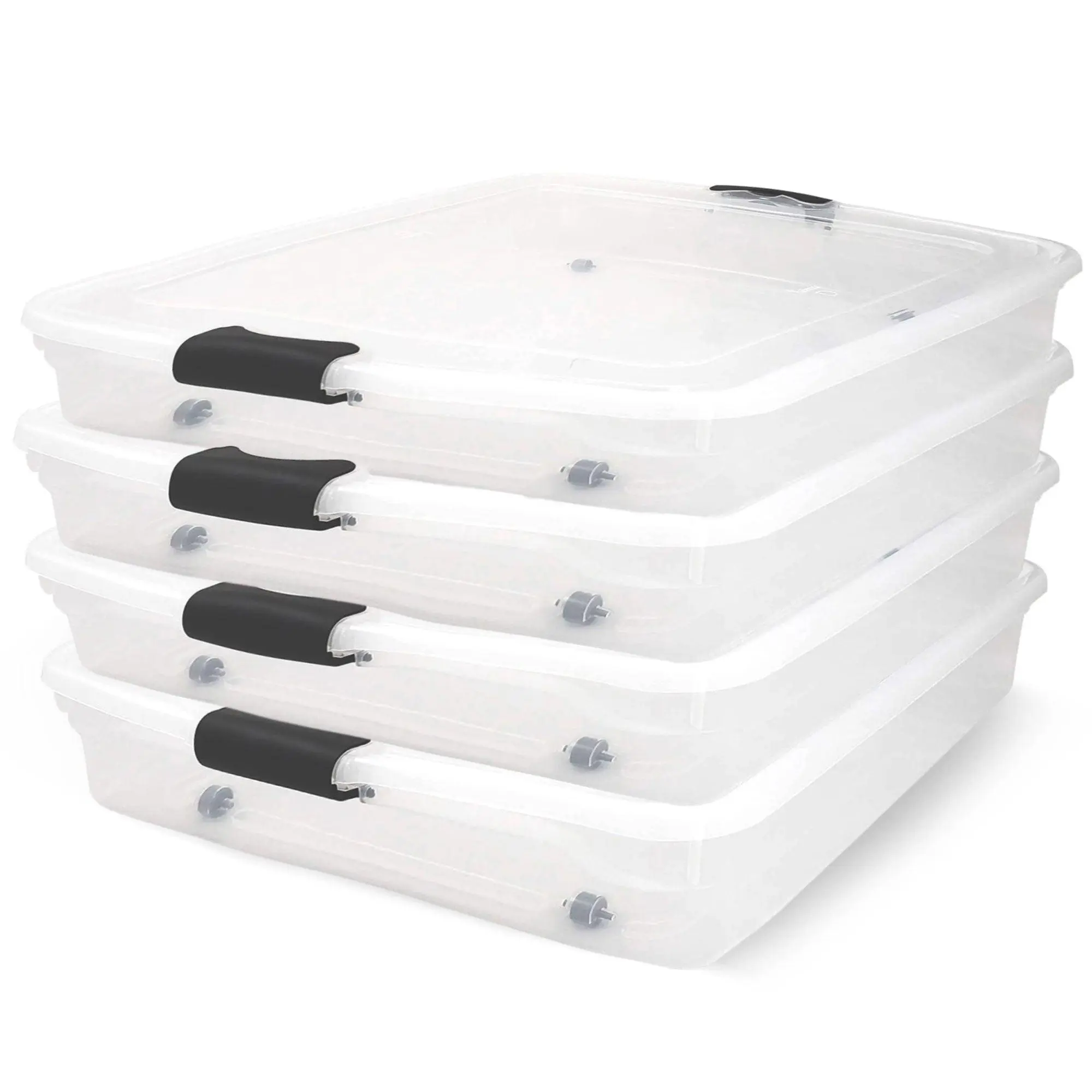 Homz 56 Qt Full/Queen Underbed Clear Plastic Latching Storage Container, 4 Pack