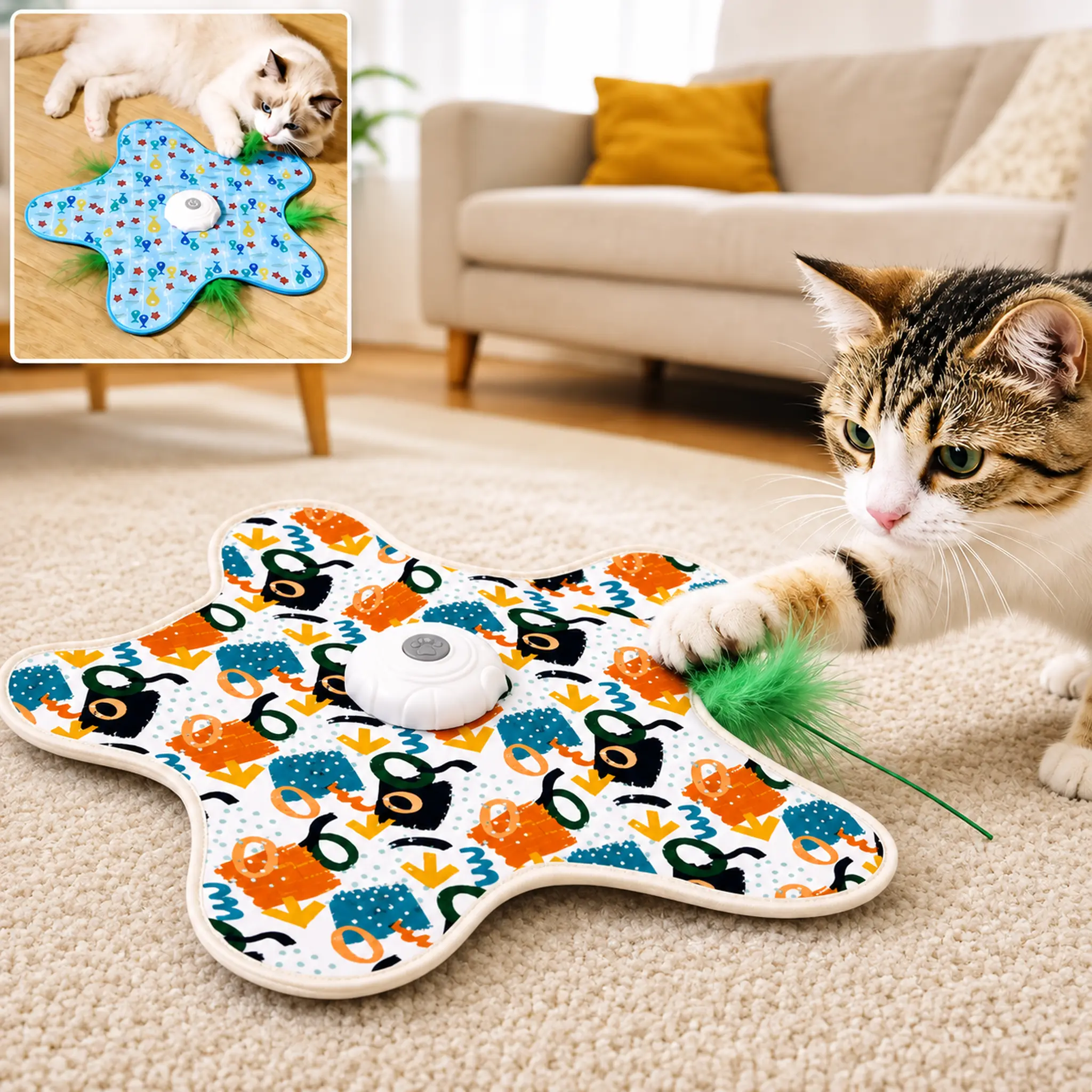 Rechargeable Automatic Cat Toy for Indoor Cats / Touch-Activated 360° Feather Chaser Mat / 3 Play Modes / Hidden Moving Feather Teaser / Optional Bird Chirp Sound / Self-Play Hide & Seek Toy / 2 Extra Feather Refills / Multicolor