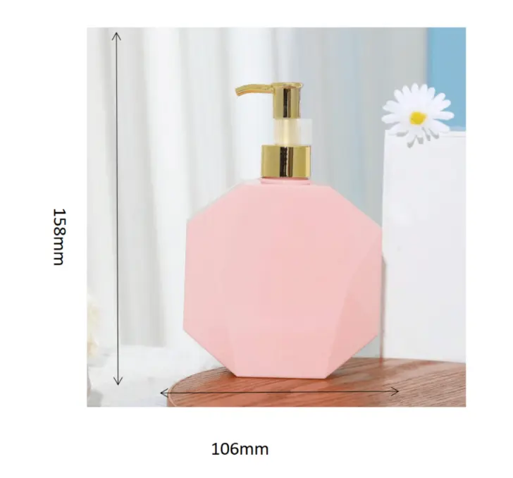 1pc 300ml Polygonal Pink Bottle With Gold Pump Dispenser, Refillable Bottle For Shower Gel