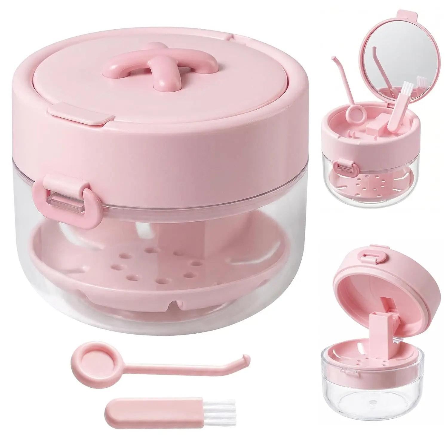 3-in-1 Denture Bath Box with Mirror, Cleaning Brush & Removal Tool – Leak-Proof Large Capacity Denture Case