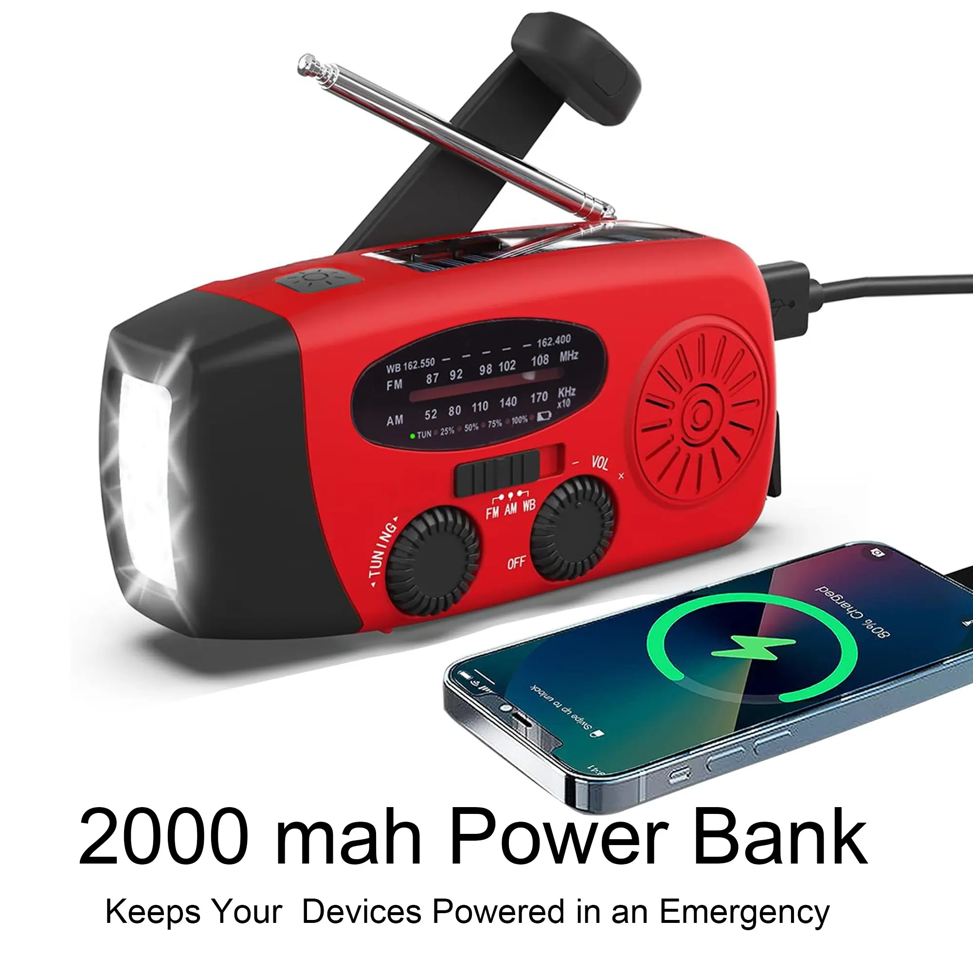 Portable Hand Crank Radio，Emergency Weather Radio,  Solar Powered with Battery Backup,AM/FM/NOAA, SOS Alarm,2000mAh Rechargeable Battery Power Bank ,Flashlight,Type-C,for Indoor Outdoor Hiking Camping Emergency