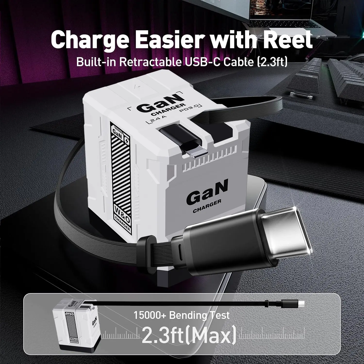 W&O 120W GaN Fast Charger - Folding Portable Adapter with Retractable Type-C & Lightning Cables for iPhone 16, iPad, MacBook, Smartphone, Cellphone, Electronic Multi-Device Charging, Type C Portable