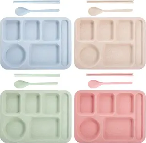 4 Pack Unbreakable Divided Plates, 6 Compartments Wheat Straw Sectional Dinner Plates Portion Control Plate Plastic Cafeteria School Lunch Tray for Adult, Microwave & Dishwasher Safe,14"x10.5"