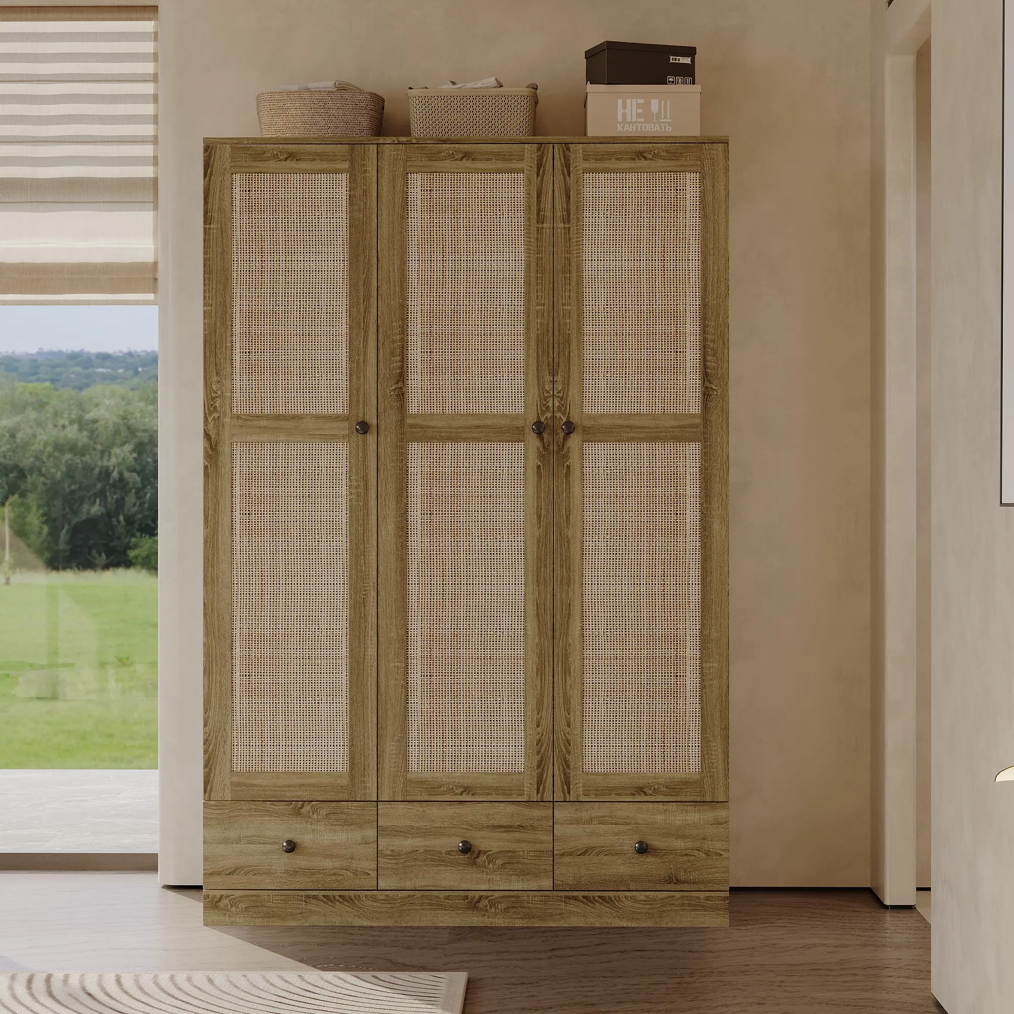 FUFU&GAGA 3-Rattan Door Wooden Bedroom Armoire - 71" Tall Farmhouse Clothes Closet with 3 Drawers, Hanging Rod, Adjustable Shelves, Weave Panels, Wide Plinth, Anti-Tipping, 47.2"l×18.9"d×70.9"h Breathable Storage Unit Wardrobe Hanging Closet