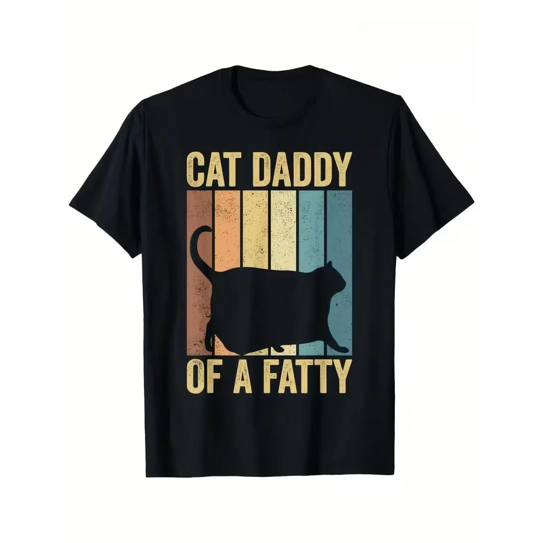 Cat Daddy Of A Fatty Retro Sunset T-Shirt, Funny Cat Dad Chonky Cat Graphic Tee, Cat Lover Birthday Gift, Adult Unisex 100% Cotton Crew Neck Short Sleeve Shirt, Ships from USA Menswear Top