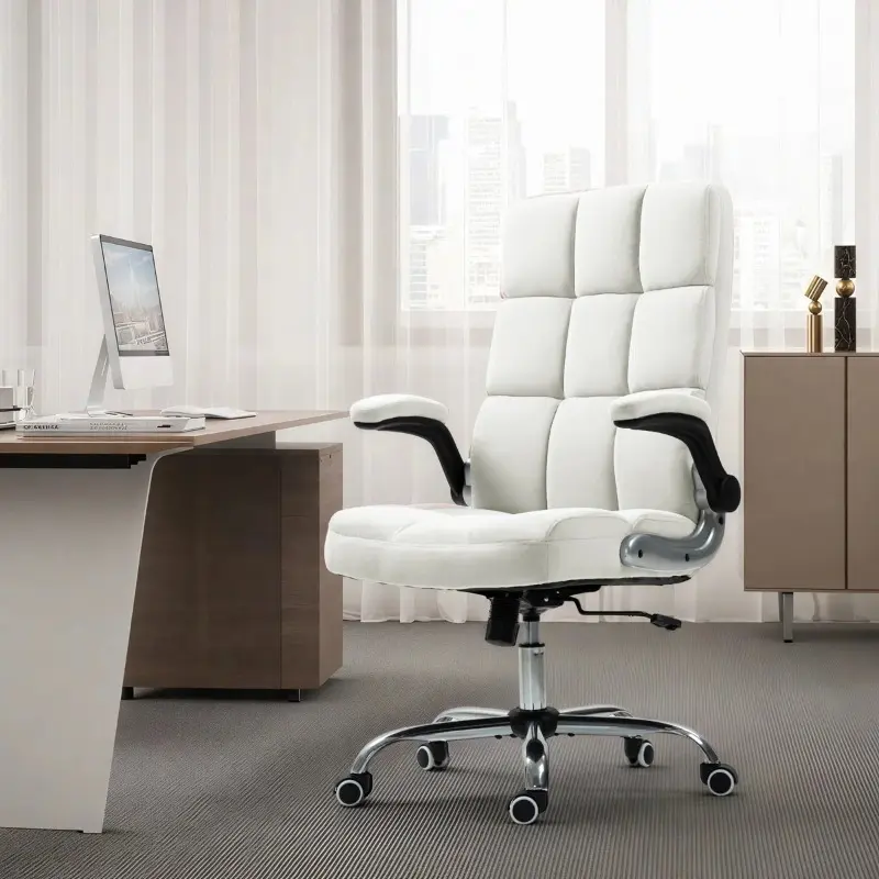 Velvet Executive Office Chair for Home Office, Study & Bedroom, Ergonomic Swivel Desk Chair with Flip-Up Arms & Tilt Lock, Beige/Gray/Pink/Purple
