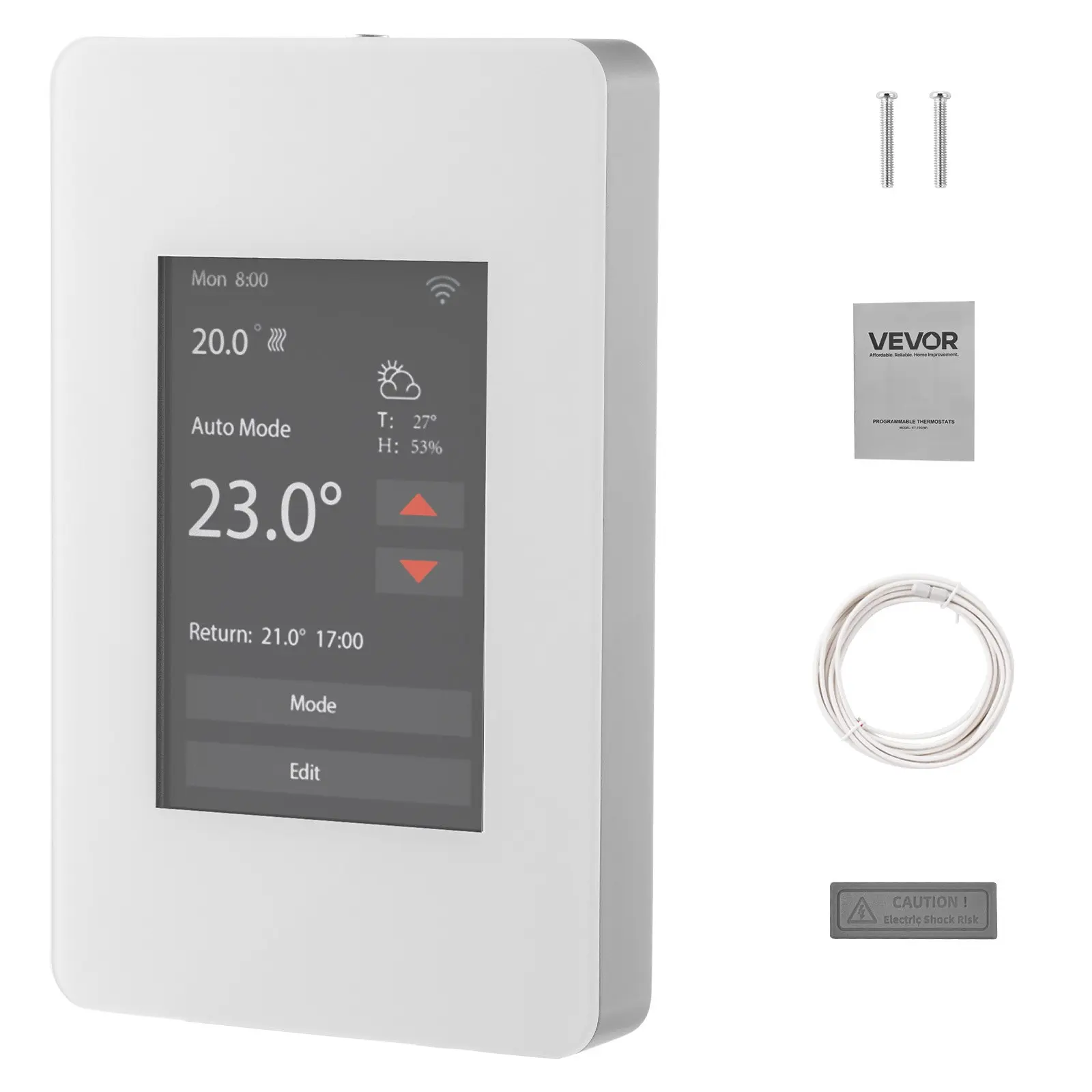 【Summerfinds】VEVOR Non-WiFi 7-Day Programmable Thermostat - Gray-White, 3.5-in TFT Color Touch Screen, GFCI, Sensitive Sensor, Compatible with Underfloor Heating & Heat Pump, Personalized Temperature Settings, Wide Temperature Range, Reliable Use, Ric