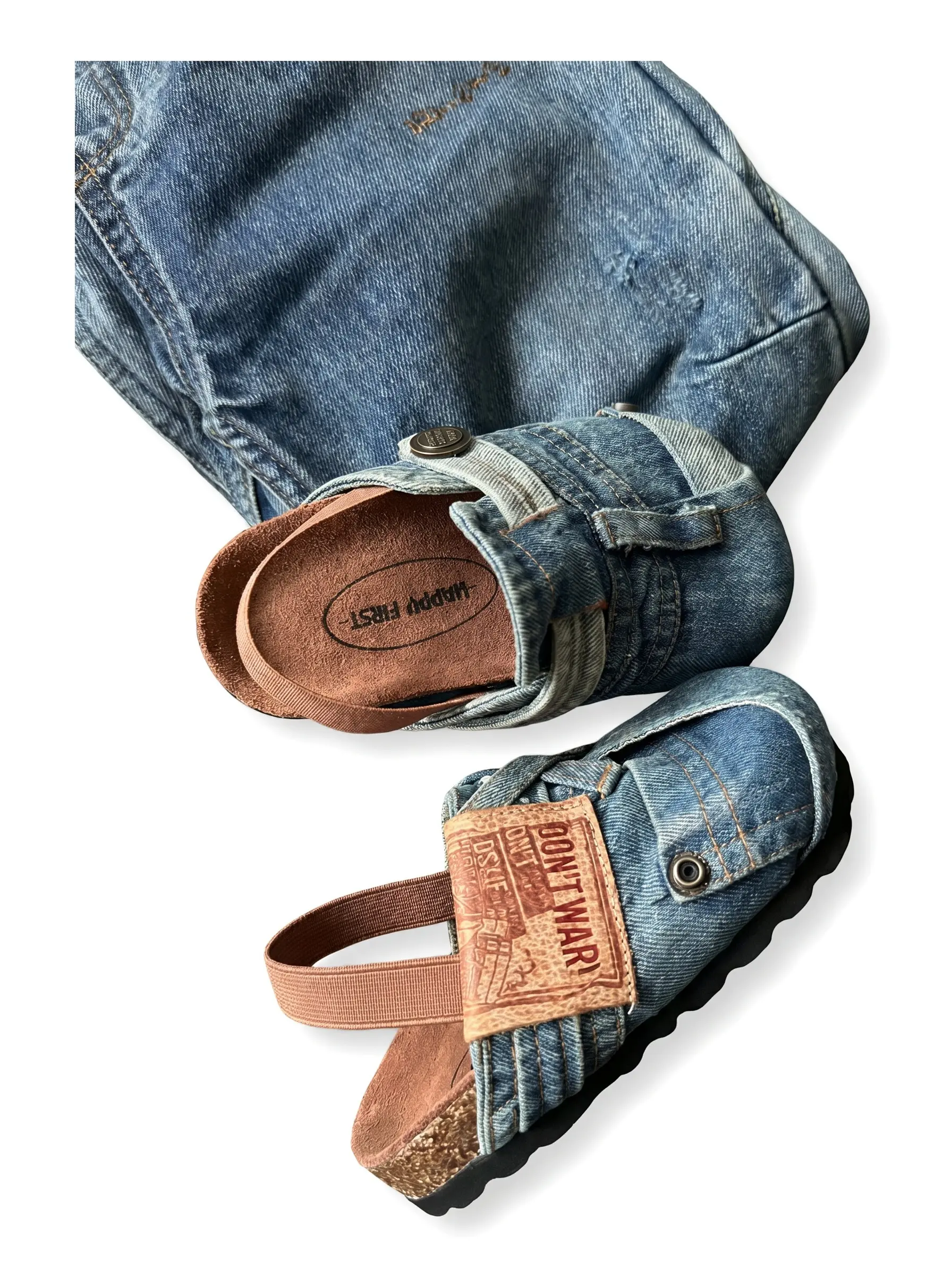 HappyFirst Parent-Child Clog Sandals - Kids' & Adults' Casual Wear Round Toe Leather Upper, Handmade Denim Look, Thick Cork Sole, Leather Insole, Rear Velcro, Cushioned, Soft Comfy for Walking, Korean Cute Matching, Travel Gift, Family Matching Outfits, S