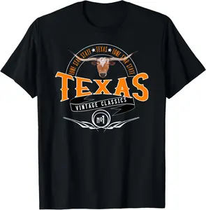 Vintage Classic Style Texas Lone Star Longhorn Design Summer Casual Short Sleeve Cotton T-Shirt
