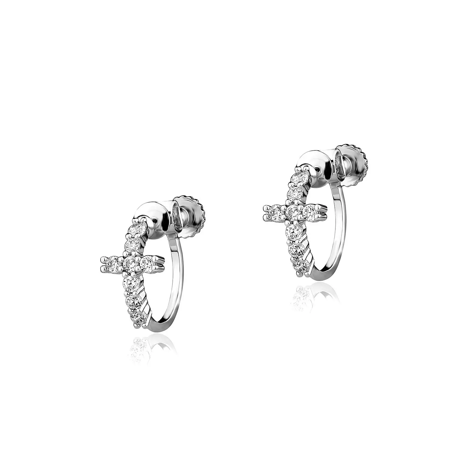 Silver Cubic Zirconia Long Cross Clip-On Earrings