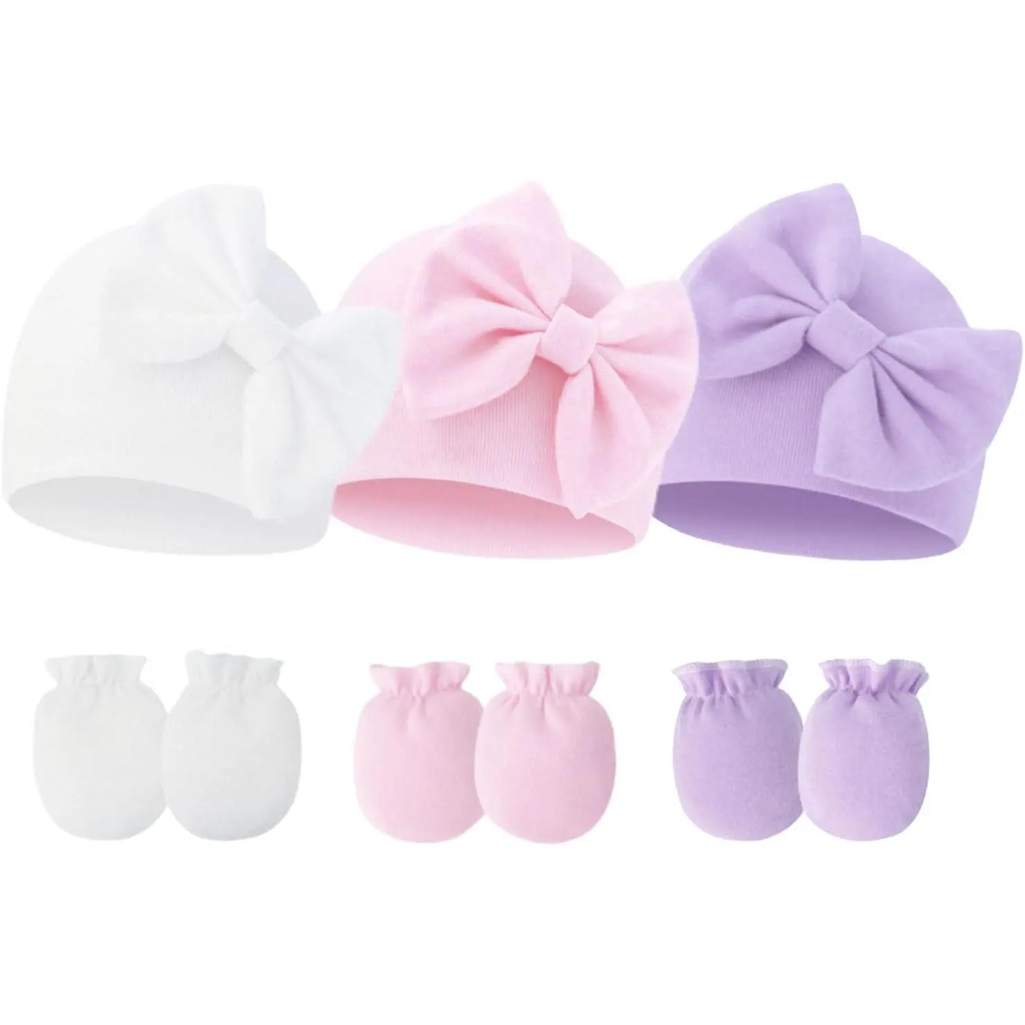 Soft Cotton Cute Beanie Hat with Bow & Mitten Set for Newborns, Solid Color Stretch Fit Cap and No-Scratch Infant Mittens, Birthday, Party, Plain Solid, 82% Polyamide/18% Elasthane, Bow Accent, Grows With Age, 0 - 3 Years, Fashion, Do Not Dry Clean, Stret