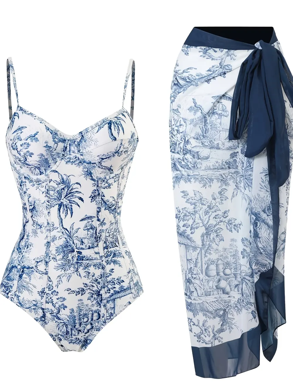Vintage Blue Landscape Toile Print One Piece Swimsuit, Thin Strap Bustier Bodysuit Matching Knot Sarong Cover Up Skirt Tummy Control Vacation Pool Outfit