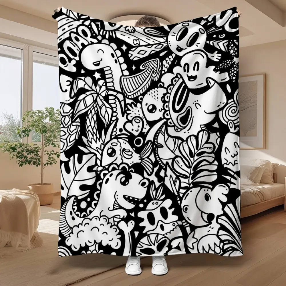 Colorable Dinosaur Flannel Throw Blanket - Soft, Warm, Retro-Look, Stain-Resistant, Multi-Size Multi-Functional Flannel Fabric Blanket, Ideal for Family Nap & Travel Use, Throw Blankets