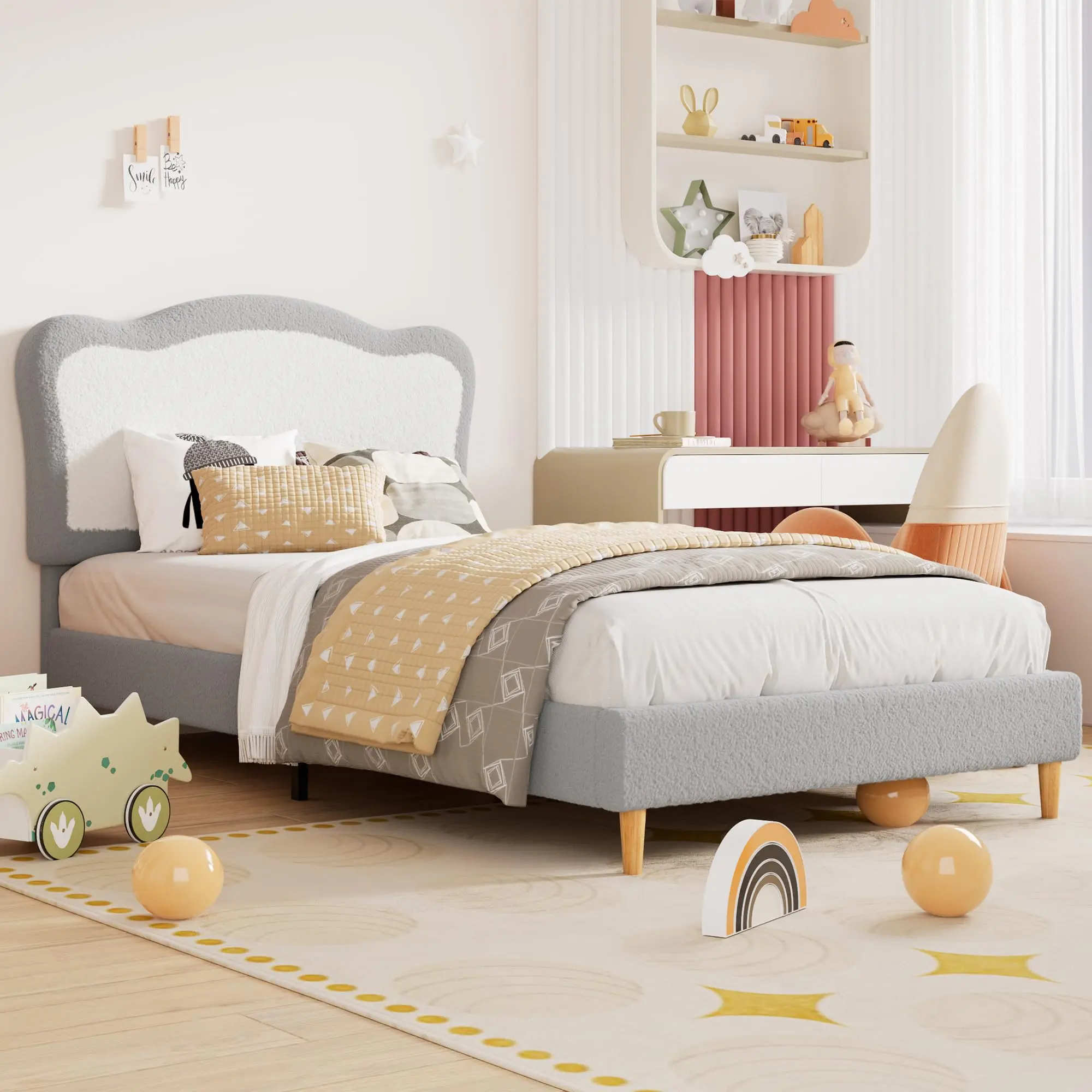Full Size Kids Bed Frame - Soft Velvet Low Headboard, Durable Wooden Slats, Noise-Free Sturdy Build, Easy Assembly Required, No Box Spring Needed, Best Gift for Boys & Girls (Grey, White, Blue, Beige)