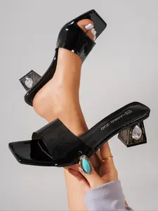 Women's Elegant Rhinestone Decorated High Heel Sandals, Trendy Square Toe Sandals, Fashionable Heeled Sandals for Daily Wear, Walking Shoes, Party Footwear