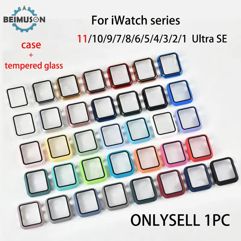 Hard PC Durable Case with Tempered Glass Screen Protector, Smartwatch Accessories, Wearable Tech Accessories, for Apple Watch Ultra SE Series 11/10/9/8/6/5/4/3/2/1, 49mm 41mm 45mm 44mm, Slim Bumper Guard, Full Coverage Ultra-Thin Protective Cover