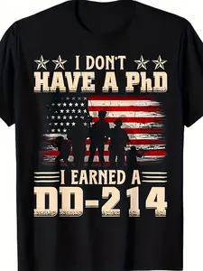 DD214 Vintage Flag T-Shirt I Didn't Earn a PhD I Earned My DD214 250th Anniversary Patriotic Tee Y2K Retro Street Style Breathable Crew Neck Machine Washable Casual Gift for Men 2026 New Arrival - Fabric, Menswear