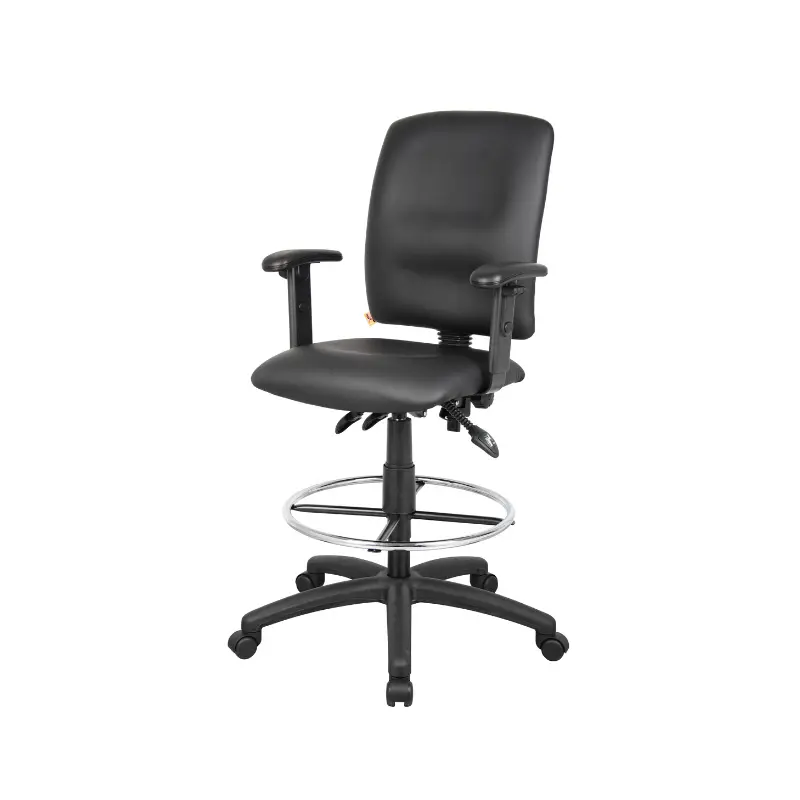 Nicer Furniture AP536P Adjustable Multi-Function Leather Drafting Chair with T Arms, Back Angle Lock, 20" Diameter Chrome Foot Ring, 27" W x 35.5" D, Double Wheel Casters