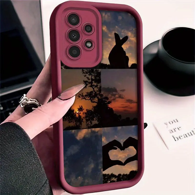 Vintage Aesthetic Fingerprint-Resistant Colorful Sunset Tree Hand Silhouette Heart Peace Sign Collage Graphic Phone Case - Matte Shockproof TPU Casing, Full Wrap Lens Protector, Soft High Bumper for iPhone 17 Air,17E,16,15,14,13,12,11 Pro Max