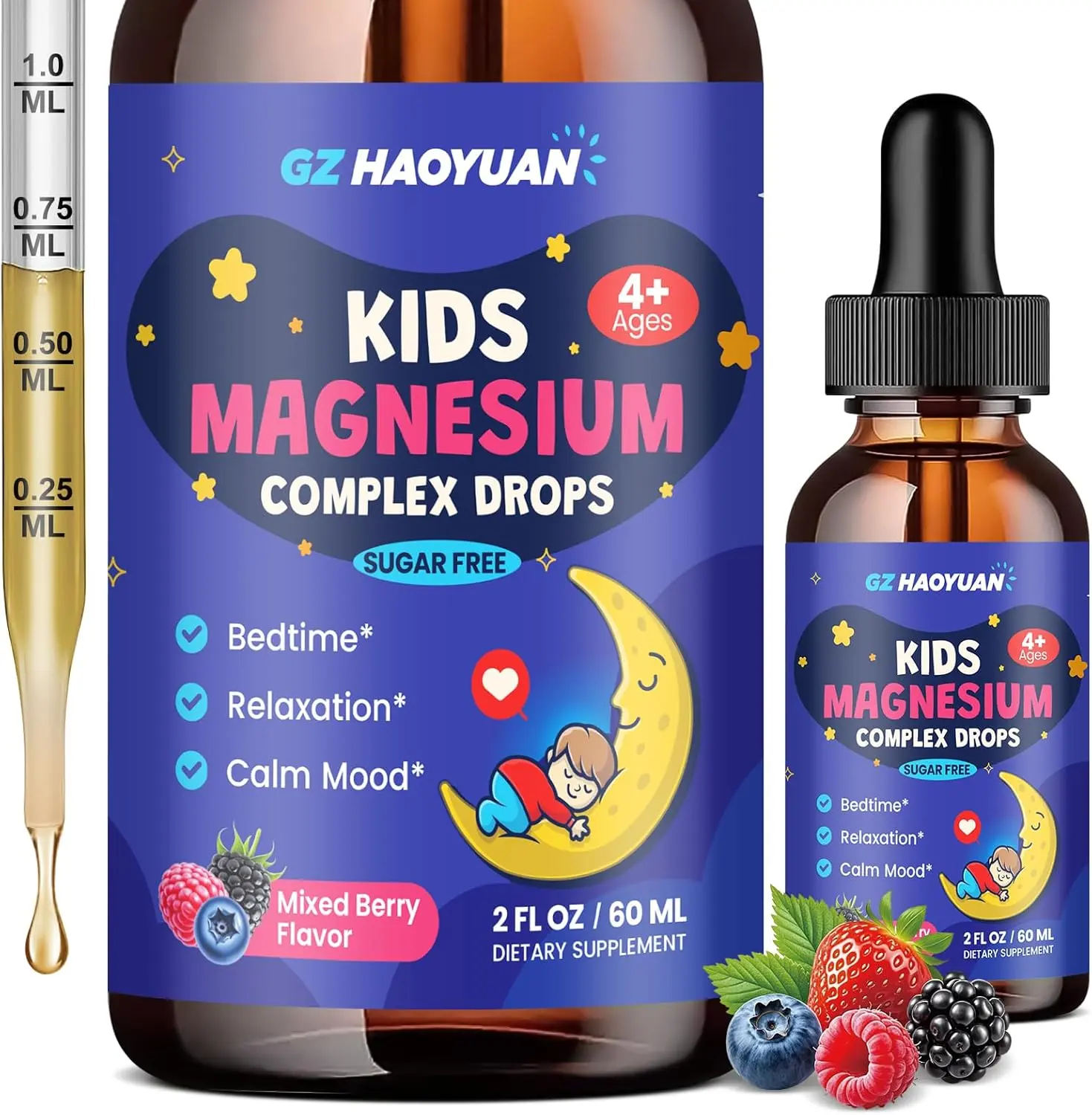Magnesium Glycinate Liquid for Kids - Magnesium Citrate Supplement with L-theanine, Chamomile & Vitamin B6 - for Sleep, Relaxation, Calm & Focus, Mixed Berry Flavor 2 Fl Oz