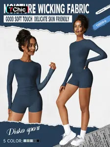 Women's Solid Round Neck Sports Tee & High Waist Shorts Tracksuit Set, Long Sleeve Tight-fitting Top & Skinny Shorts, Summer Outfits 2024, Ladies Sportswear for Indoor Outdoor Wear