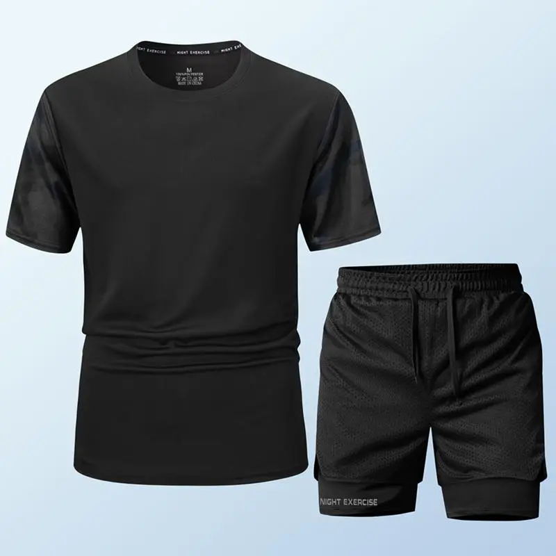 Men’s 2-Piece Summer Fitness Clothing Set - Crew-Neck T-Shirt with Patterned Sleeves, Double-Layer Athletic Shorts, Breathable Quick-Drying Athleisure, Easy Match, Sport Ready Sweat Suit for Sports Training, Gym Workouts #SummerVibes