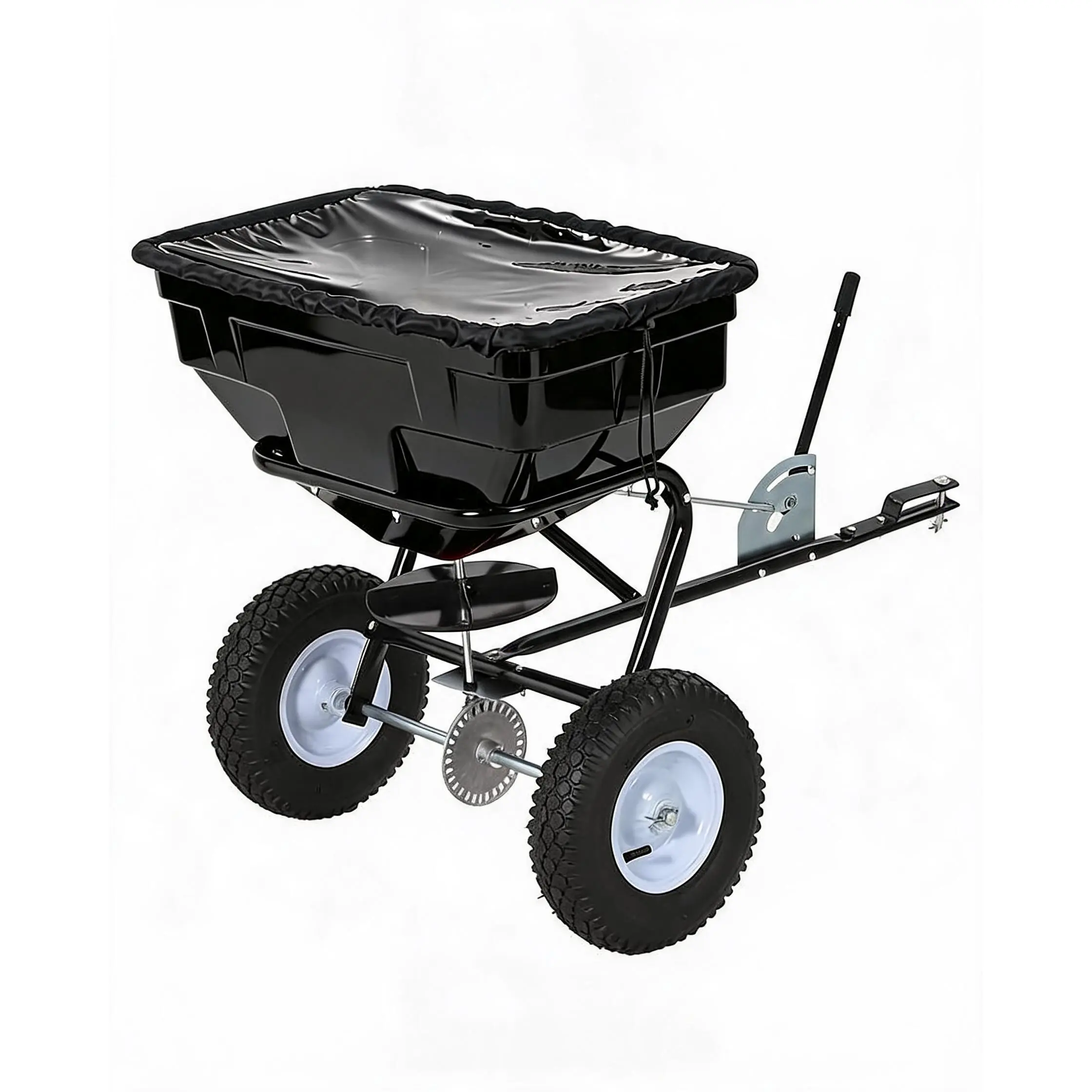 Heavy Duty Tow Behind Broadcast Spreader for Lawn & Garden – 130LBS Capacity – 30 Adjustable Settings – Global Hitch – 9.8ft Spreading Width – Fertilizer, Seed, Salt & Ice Melt – Powder-Coated Steel