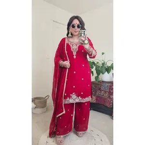 Premium Handwork Kurta Set, Red Georgette fabric
