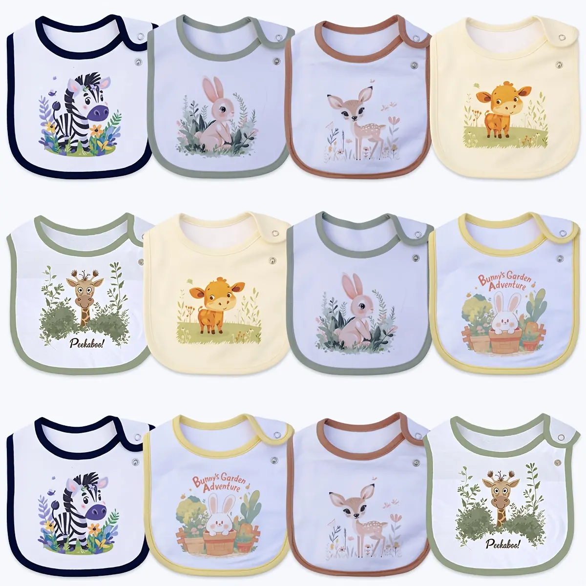 12pcs High-Quality Cotton Cloth Baby Bibs for Boys & Girls - Absorbent, Adjustable Snaps for Feeding & Teething - Clearance Baby Accessories, Essential Supplies