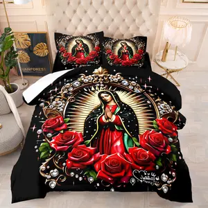 Religious Theme Printed Comforter Set, Includes Filled Blanket and Pillowcases, Guadalupe Virgin and Rose Pattern, Comfortable Bedding, Soft Bedding Sets, Bedroom Decor for Religious People