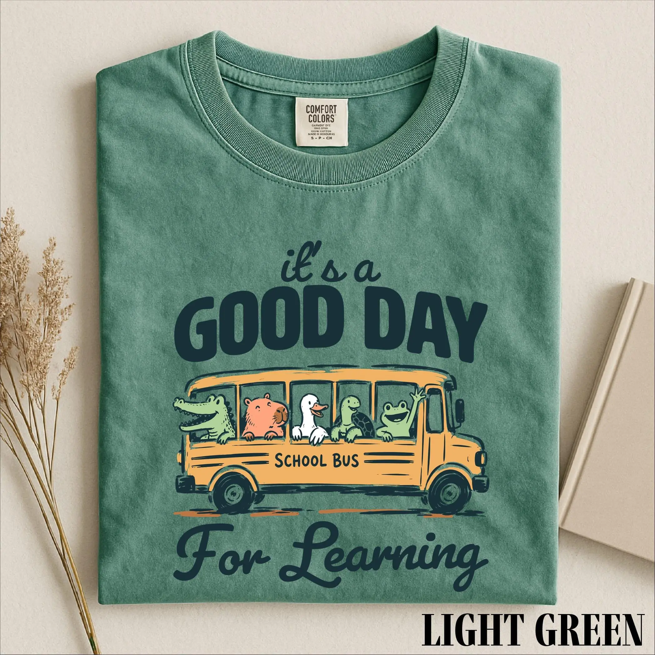 Women's Seamless Cotton Short-Sleeve Casual Everyday Comfort Colors® T-Shirt - Funny School Bus Animal Graphic, Retro Educational Humor Top, Classroom Gift for Teachers