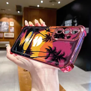 for Compatiable with Samsung Galaxy A15 A05 A35 A55 A14 A34 A33 A53 A73 A32 A56 A36 A06 A16 Tropical Sunset Coconut Tree Clear Plating Case Anti Drop Cover