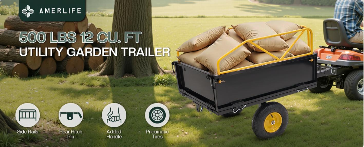 AMERLIFE Garden Utility Trailer, 500/1500/1800Lbs 12/20/25 Cu.Ft ATV UTV Trailer Tow Behind Dump Cart with Removable Sides, Rear Hitch & Convenient Handle, Outdoor Lawn Mower Cart for Tractor