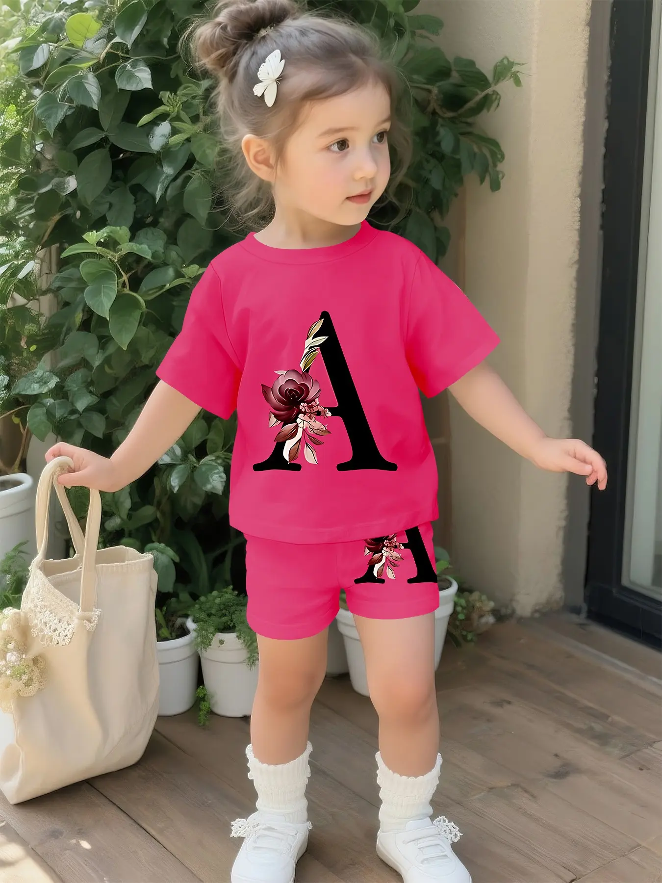 Flower Letter A Baby Girl's Set Digital Printing Floral Print Set 100% Polyester Baby Short-sleeve Set Outfits, Clothes, cute baby girl's casual clothing, suitable for daily and outdoor sports T-shirts, a perfect gift for babies and toddlers