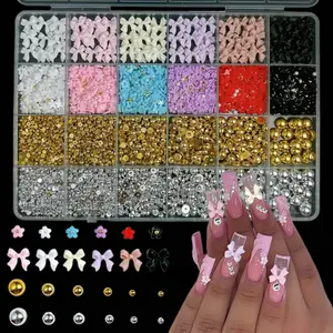 1 box of around 4200 nail accessories, sweet bow, pearl flower, silver and gold nail accessories, semi-circular pearl, pearl nail charm, rhinestone nail kit, used for making nail decoration accessories DIY