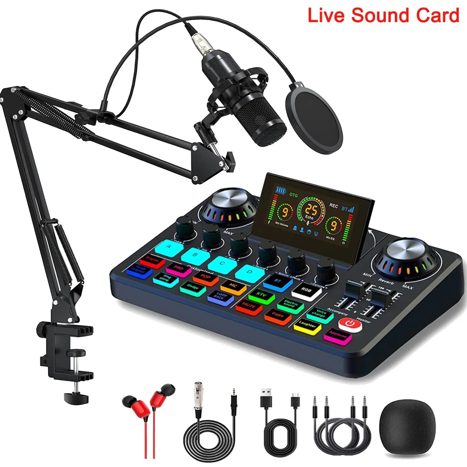 Podcast with BM-800 microphone set, recording studio equipment, equipped with condenser microphone, on-site sound card, OTG mixer, and multi DSP effects, used for recording game live streams, YouTube TikTok on PC/smartphone